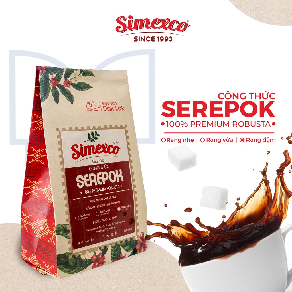 Cà phê mộc, pha phin, 100% Robusta cao cấp, rang xay nguyên chất, công thức Serepok, Simexco