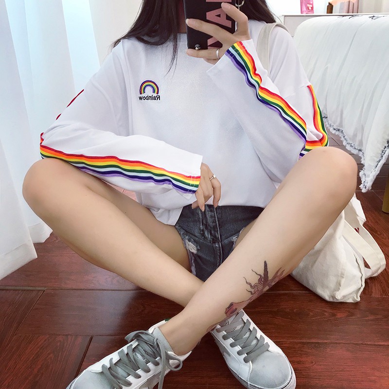SUXI Áo thun nữ tay dài thêu hình cầu vồng