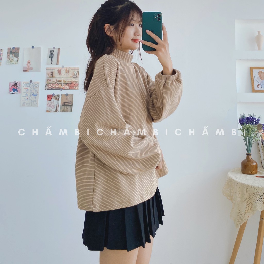 [Mã WARN30 hoàn 15% xu đơn 150k] Áo Len Dáng Rộng Tay Bồng Kẻ Ngang Cổ 3 Phân Freesize<55kg - A.072 | BigBuy360 - bigbuy360.vn