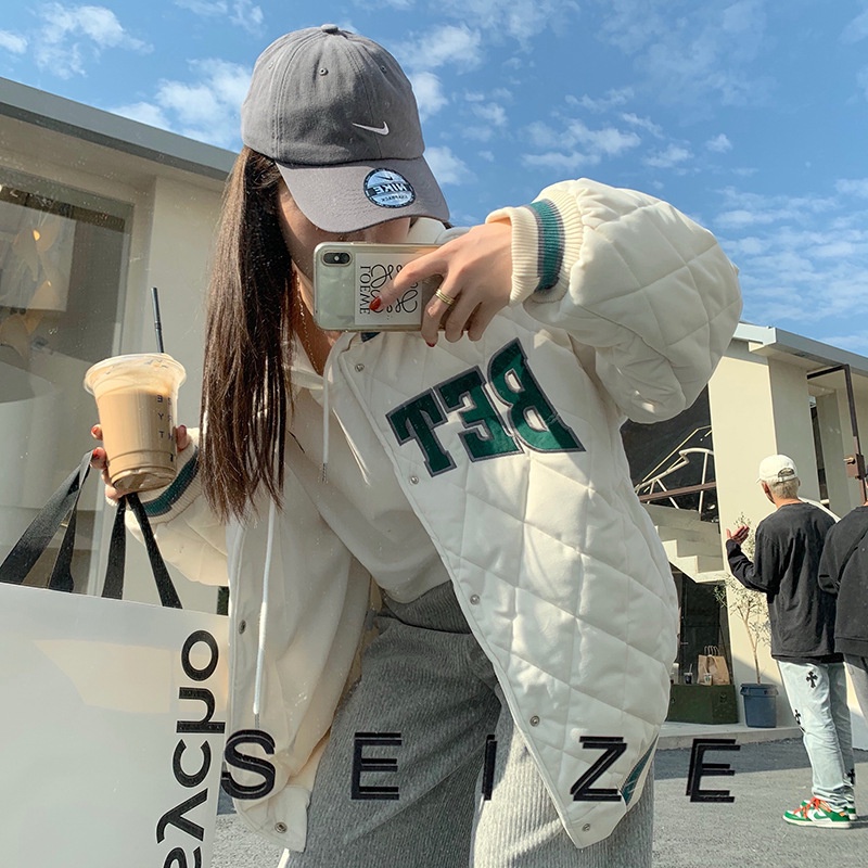 Áo khoác bomber WONHARIM phao trần bông quả chám thêu chữ Giant, áo bomer bóng chày thêu chữ cá tính