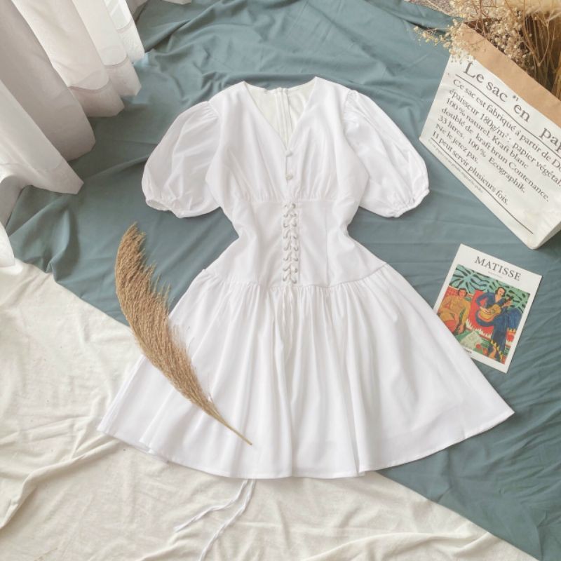 [Mã FATHANG5 giảm 10K đơn 50K] 🔥Đầm trắng dự tiệc tay bồng dây rút nút bọc thiết kế cao cấp( hành loại 1) | BigBuy360 - bigbuy360.vn