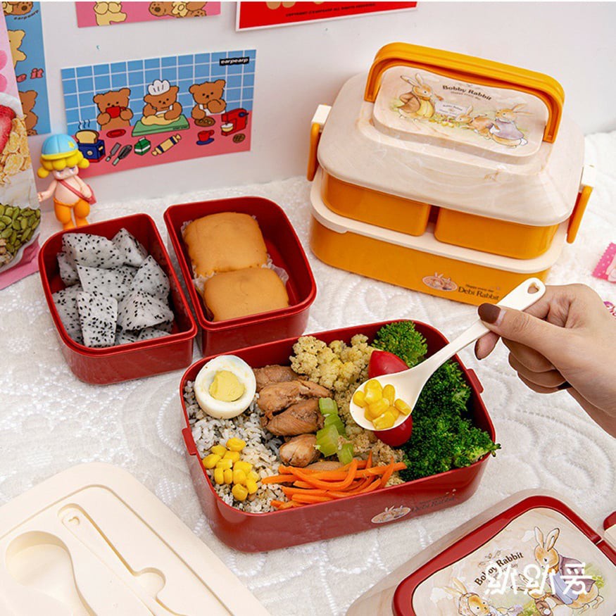 Hộp Cơm Văn Phòng Bento Kiểu Nhật 2 Tầng Và Quai Xách, Có Kèm Thìa Rĩa