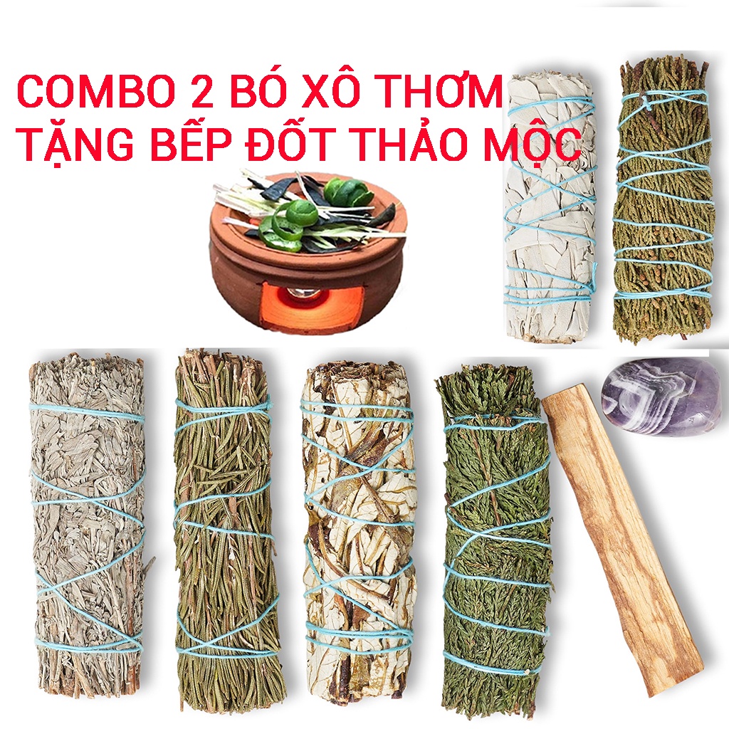 Combo 2-3 bó xô thơm 11cm- Palo santo tặng 1 bếp đốt thảo mộc BR (white sage/palo santo/cedar/juniper...)