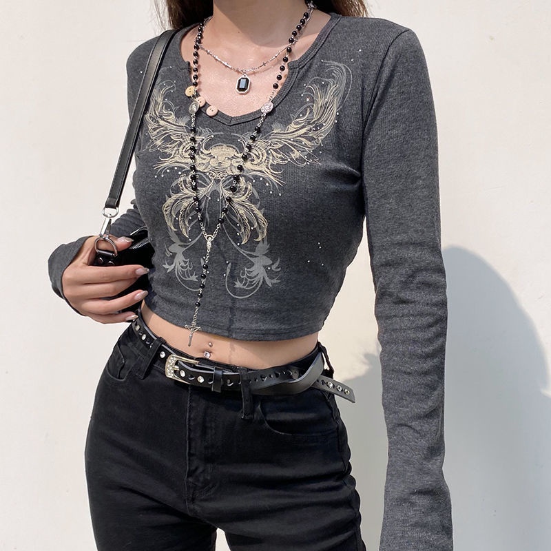 V-neck Slim Short T-shirt with Butterfly Print European and American Style For Women