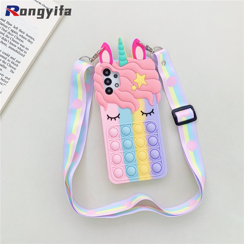 Ốp điện thoại silicone hình kỳ lân gắn bong bóng và có dây cho Samsung Galaxy Note 20 S21 S20 9U S10 10 S9 +