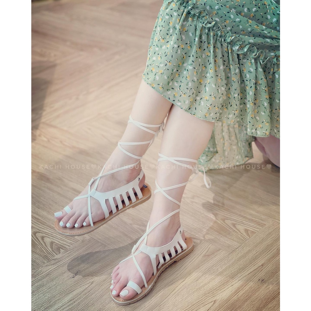 sandal nữ bệt xỏ ngón dây trắng dài - kachihouse