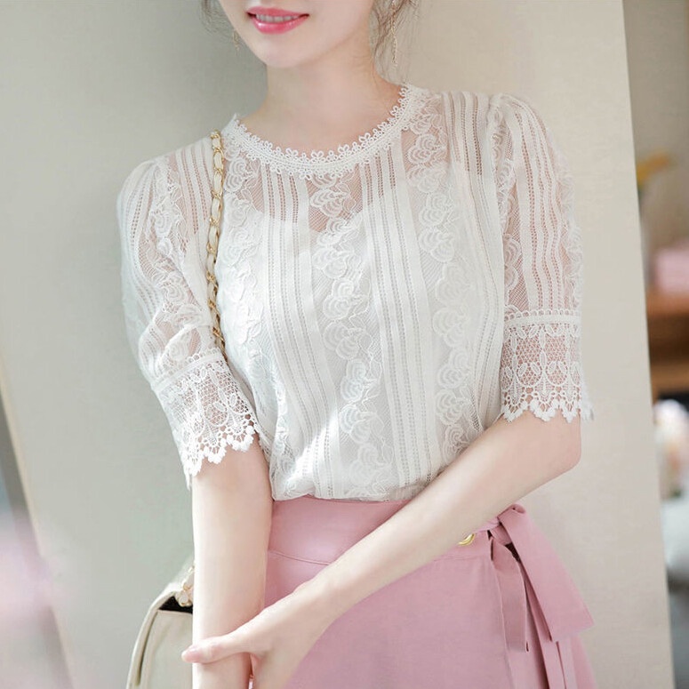 Áo Sơ Mi Tay Ngắn Phối Ren Màu Trắng Thanh Lịch Thời Trang Mùa Hè Dành Cho Nữ