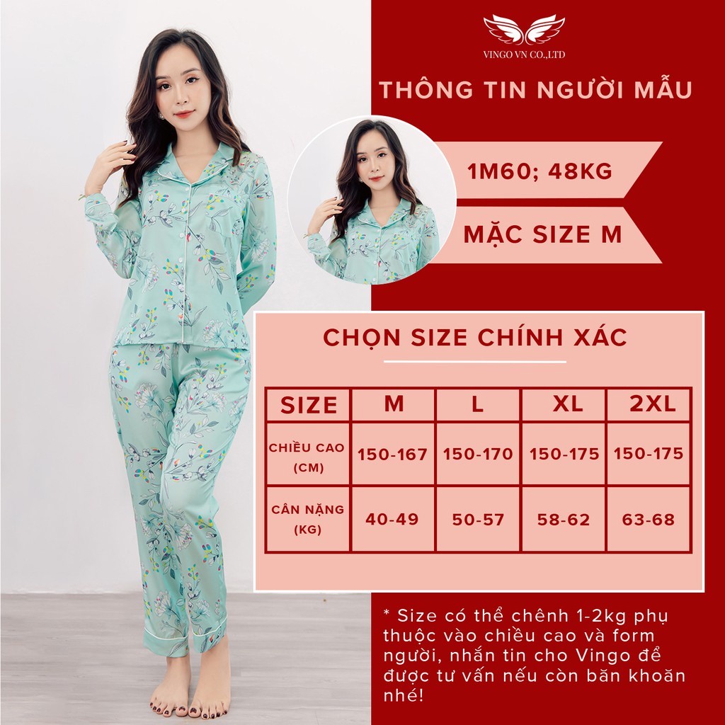 Đồ Bộ Nữ Pijama Mặc Nhà VINGO Lụa Pháp Cao Cấp Tay Dài Quần Dài Cổ Vest Có Eo Họa Tiết Hoa Lá Thu Đông H547 VNGO - TDQD