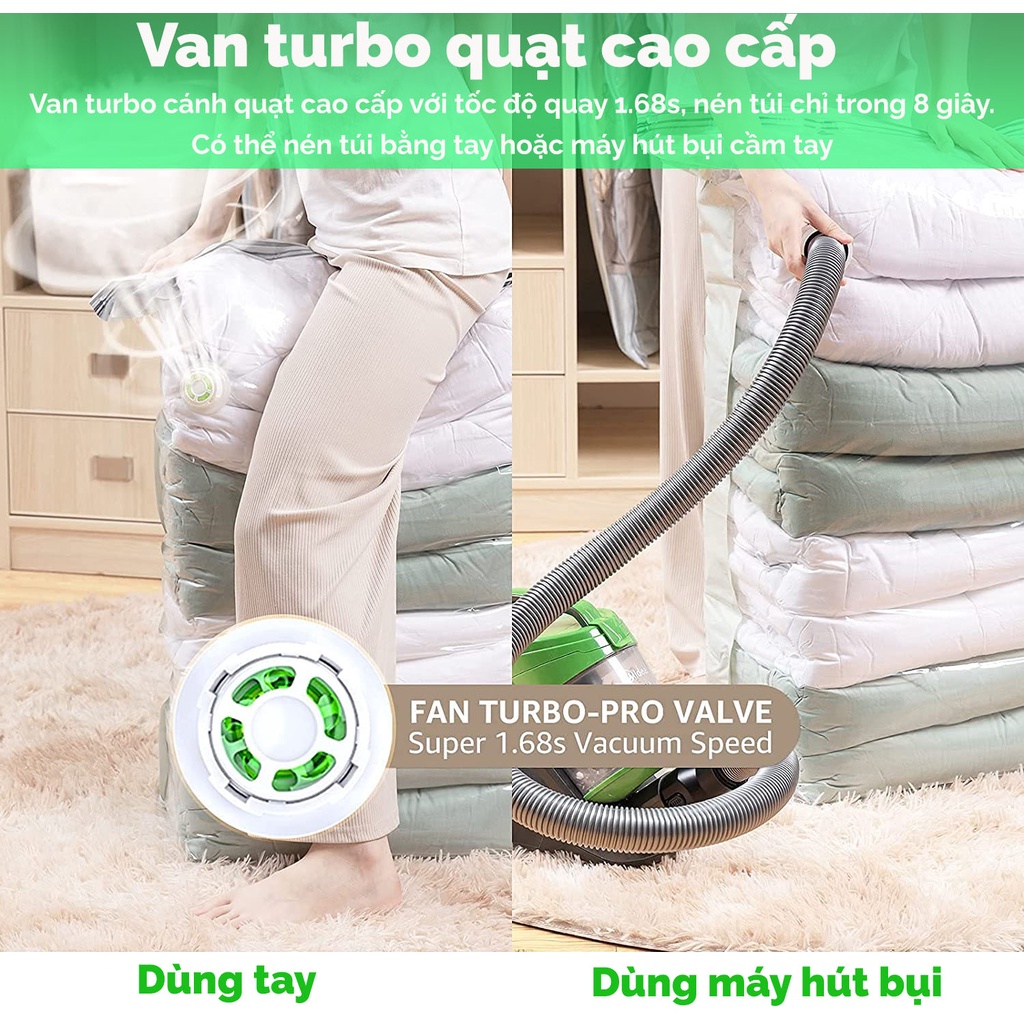 Túi hút chân không đựng quần áo Elas House để bọc chăn màn không cần dùng bơm 2 lớp khóa zip