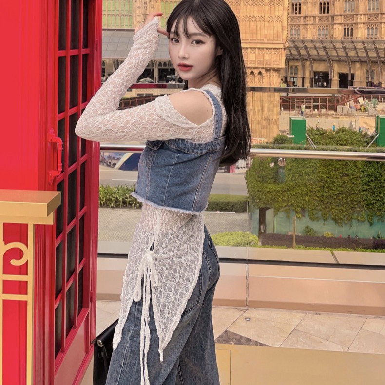 SET ÁO REN DÀI TAY VẠT CHÉO + ÁO DENIM HAI DÂY NỮ CÁ TÍNH ULZZANG AK307
