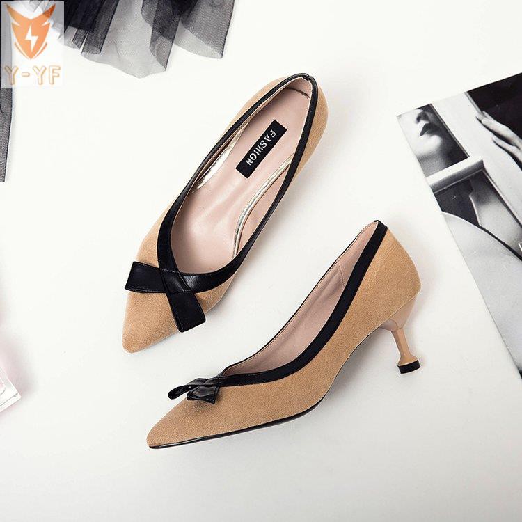 [High quality]Women's shoes 2021 season new Korean version of all-match pointed shallow mouth bow high heels stiletto mid-heel work shoes