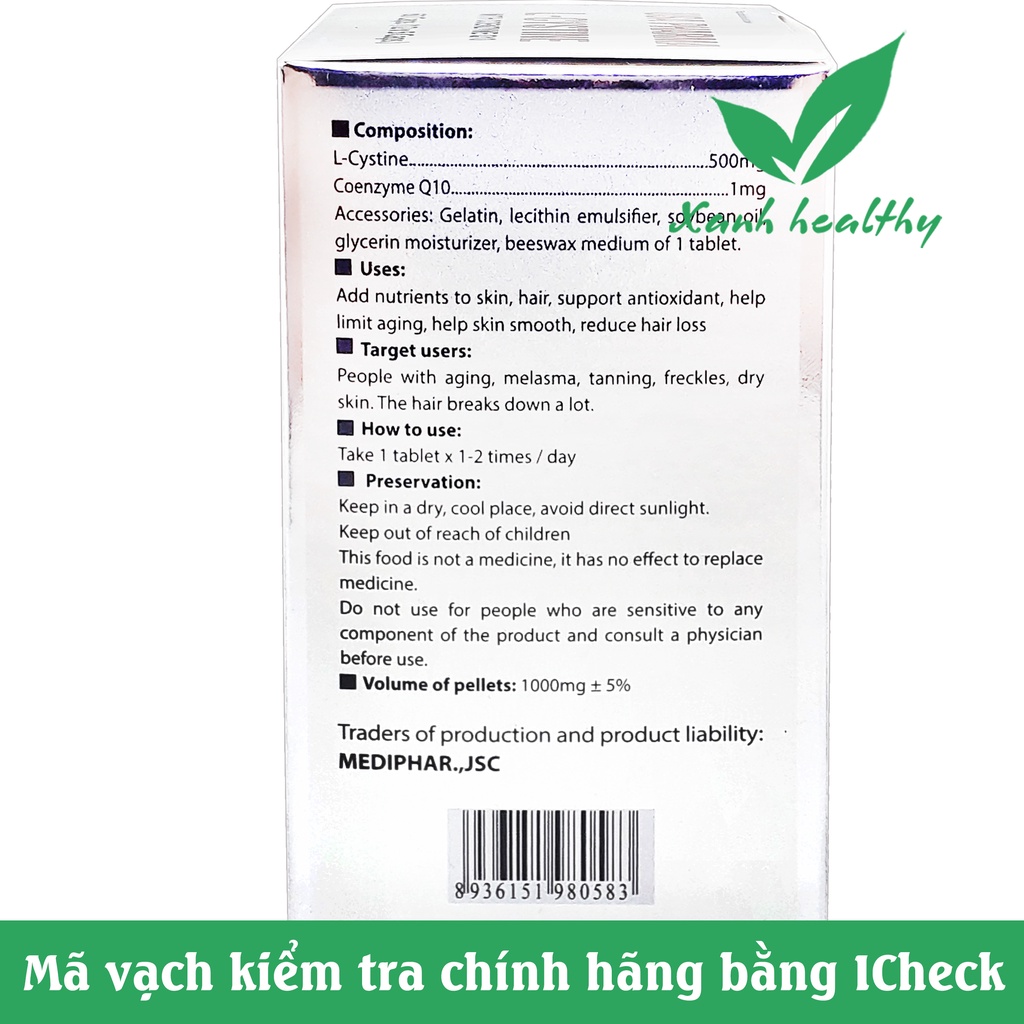 Viên uống L-Cystine Chính Hãng Giúp đẹp da, sáng mịn da, chống lão hóa, giảm rụng tóc - Hộp 60 viên