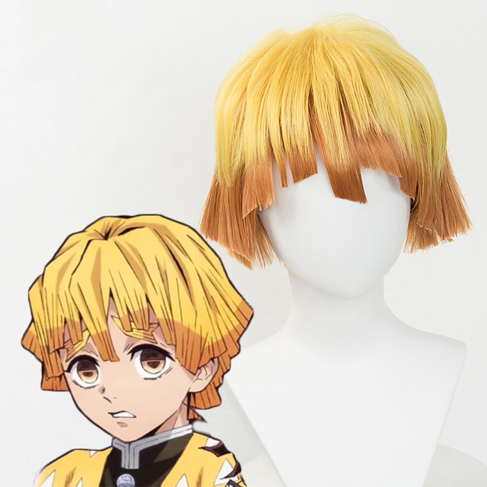 EPOCH High Quality Anime Synthetic Wigs for Theme Party Curly Short Hair Agatsuma Zenitsu Cosplay Wigs Men Yellow Gradient Orange with Hairnet High Temperature Fiber for Demon Slayer Costume