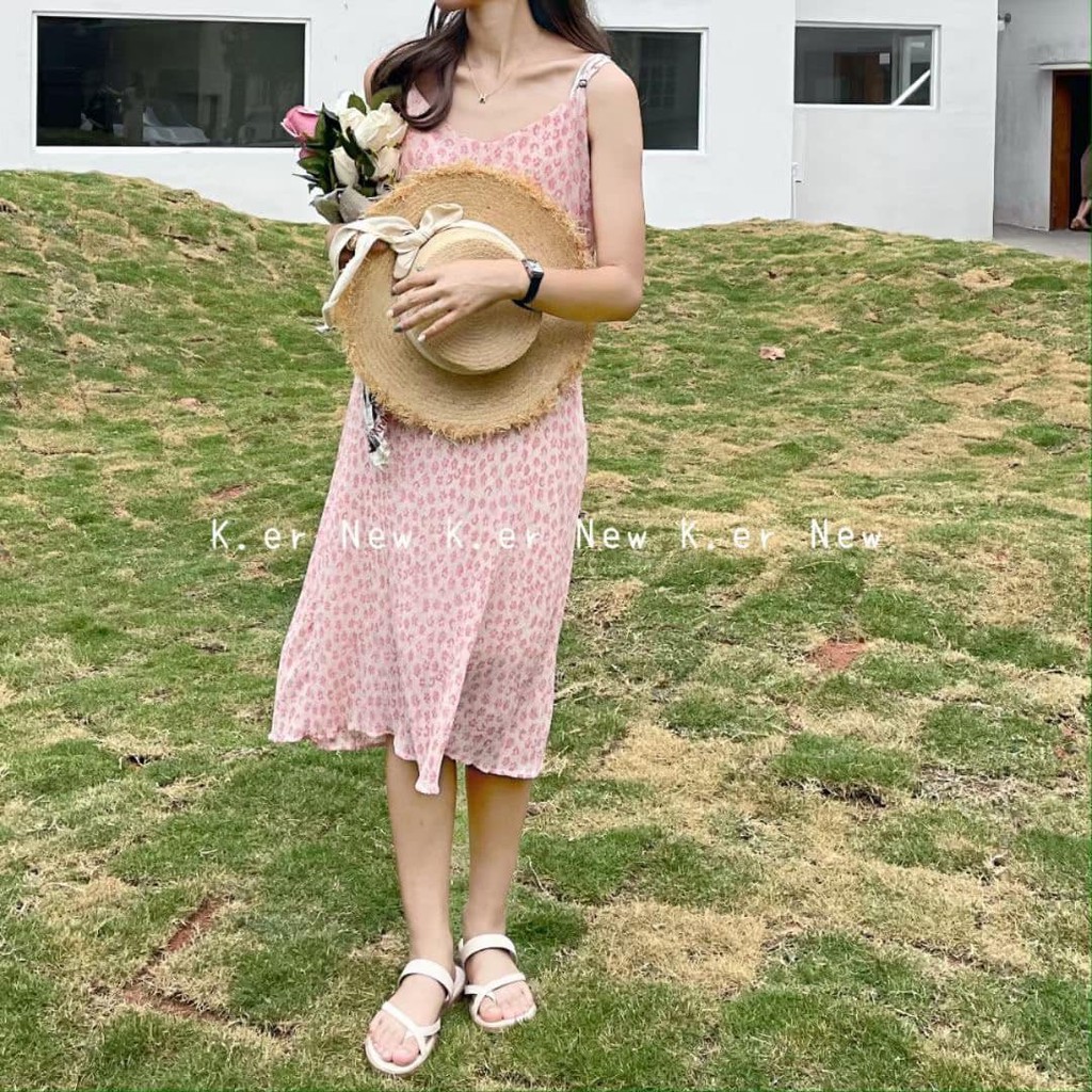 Váy hoa nhí hai dây maxi dáng dài điệu đà vintage gợi cảm style Hàn Quốc - Xưởng May Hạnh Hồng