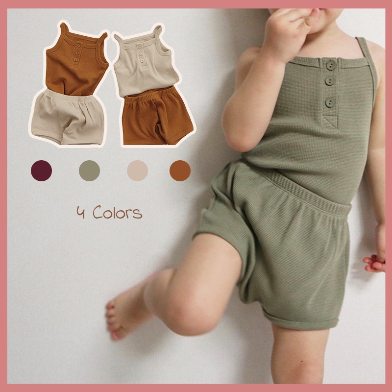 Set Đồ Mùa Hè 1*Áo Hai Dây Bằng Cotton Mềm Mại + 1 Quần Ngắn Nhiều Màu Phong Cách Hàn Quốc Cho Bé