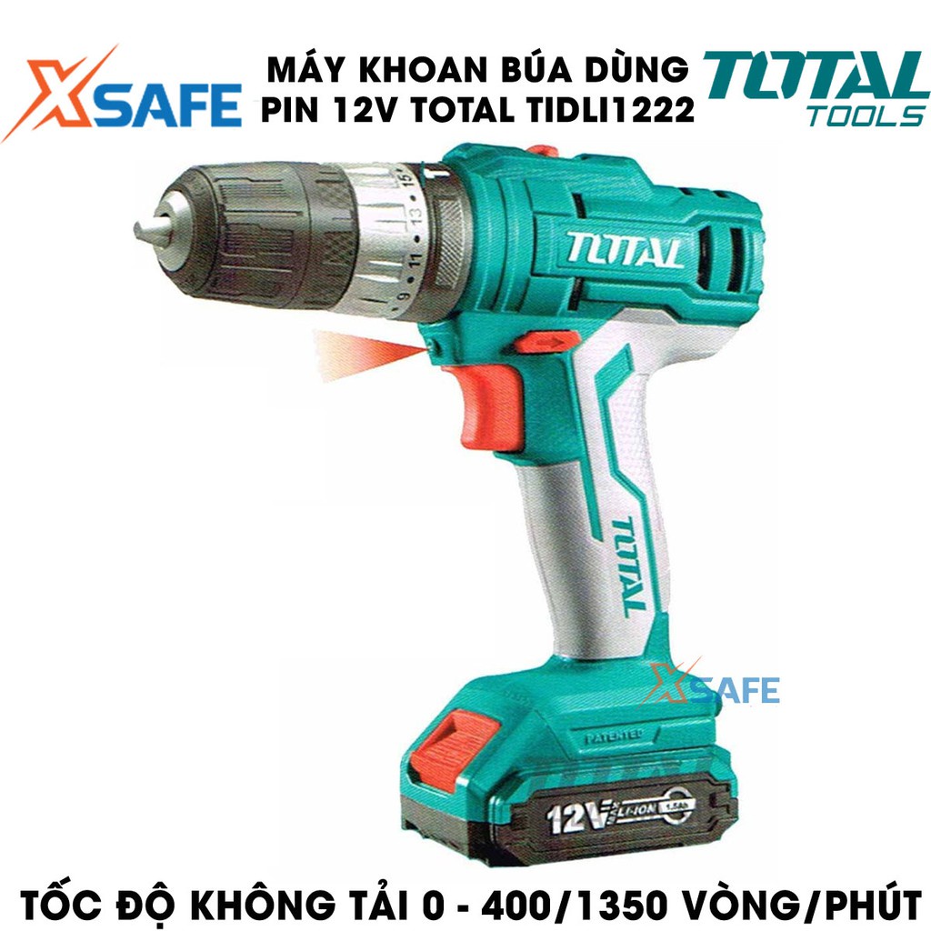 Máy khoan búa vặn vít dùng pin TOTAL 12V TIDLI1222 Máy khoan cầm tay kèm 2 pin 1.5Ah, thay thế tiện lợi - chính hãng