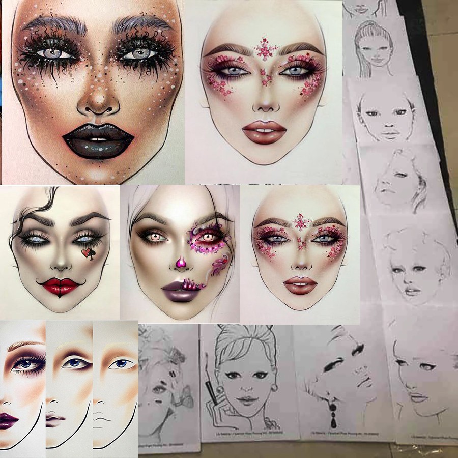 Giấy Face chart makeup thực hành makeup chuyên nghiệp bao gồm 31 mẫu mặt và 11 mẫu mày