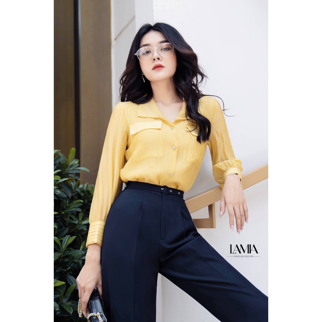 Áo sơ mi lụa vàng họa tiết LUXA002 Lamia Design