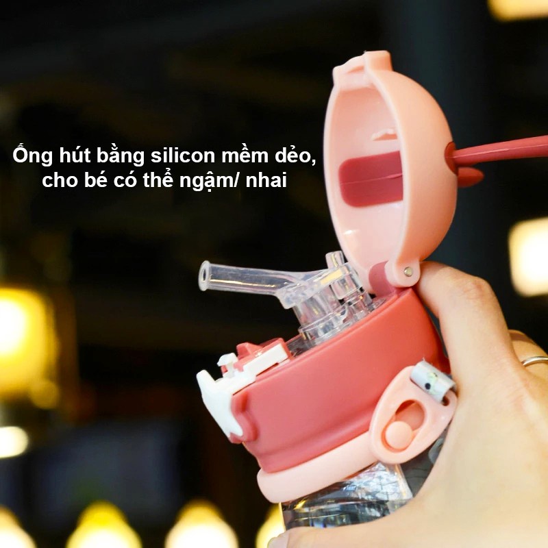 Bình nước cho bé đi học có ống hút cute gái M-SB09
