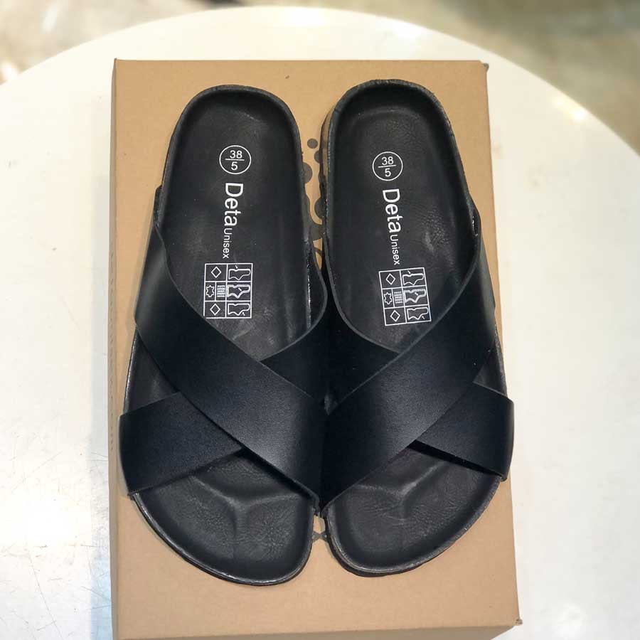 Dép đế trấu quai chéo nam nữ Birken Detaunisex Đen lót Đen - DETA23F