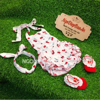 Set yếm cherry 2 chi tiết kèm băng đô cho bé gái