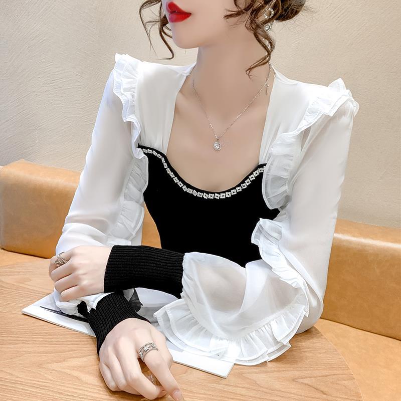 Spring clothes 2022 new fashion foreign style nail bead French style square neck top ruffled Chiffon stitched sweater wo