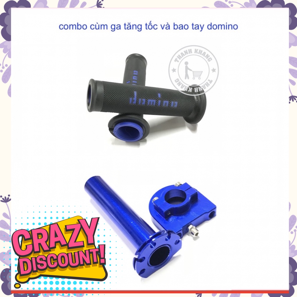 Sự kết hợp hoàn hảo cùm ga tăng tốc màu xanh dương và bao tay domino xanh dương gắn mọi loại xe máy 006001012 006001036