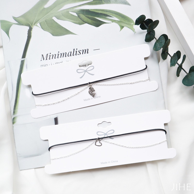 Vòng Cổ Choker Hai Lớp Mặt Hình Trái Tim/Lá Màu Đen Đơn Giản Thời Trang