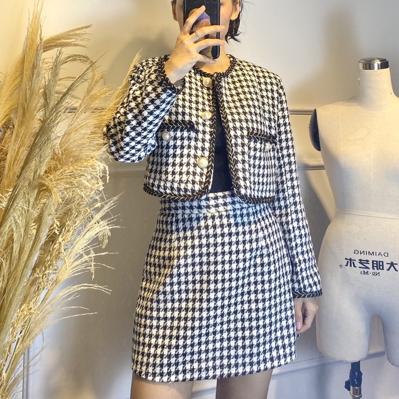 Áo khoác ngắn dạ tweed cổ tròn houdstooth - Audrey Studio