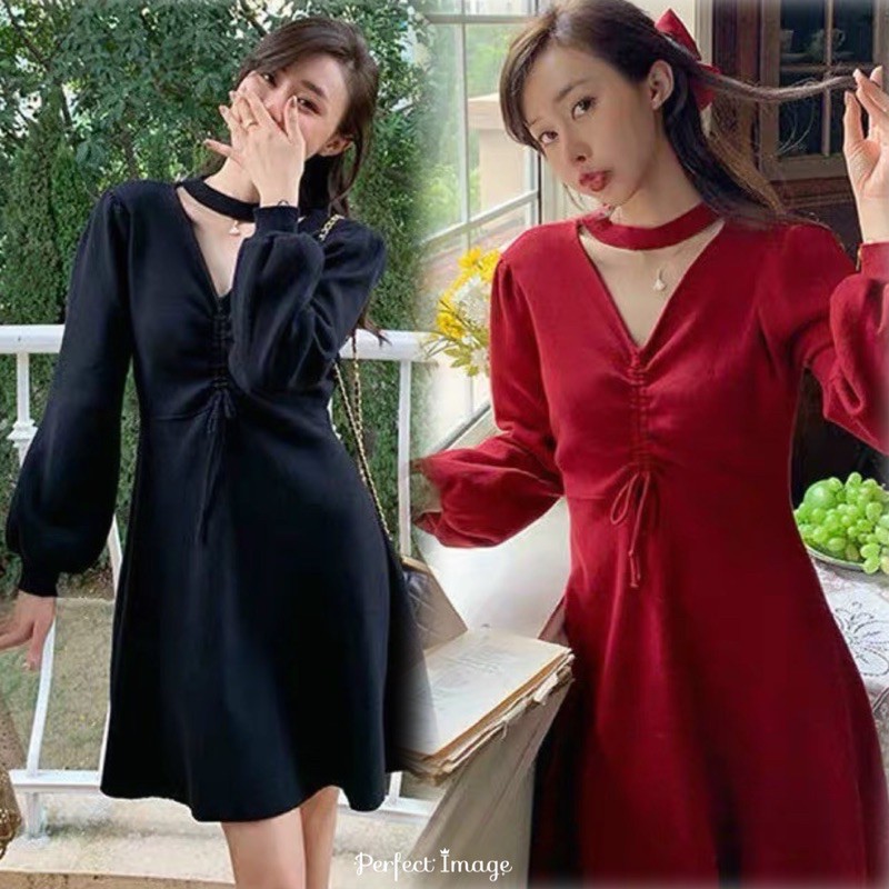 Đầm Xoè Tay Dài Rút Dây Giữa Cổ Choker BigSize 65-85Kg [Hình Thật Chính Chủ]