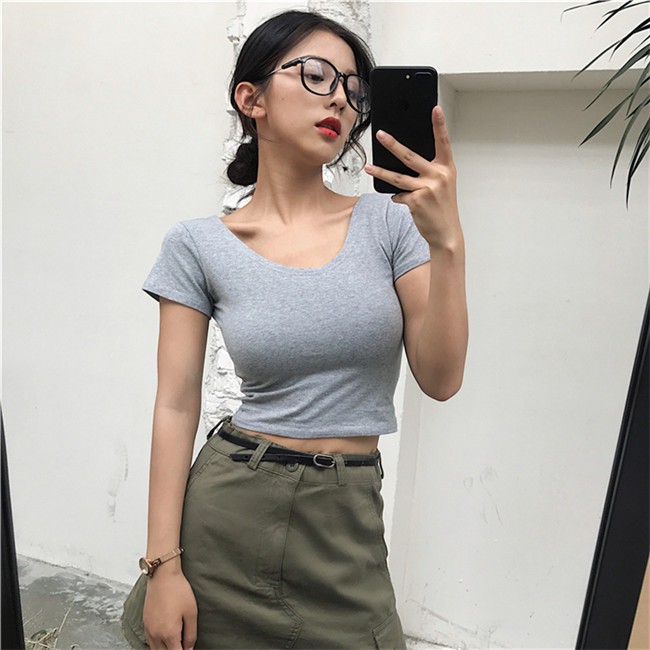 SUXI Áo thun Croptop tay ngắn cổ chữ U