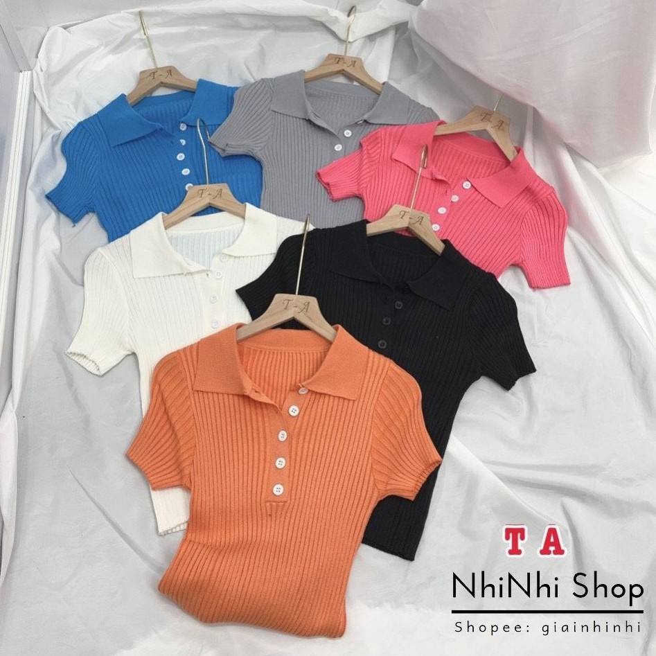 Áo len cổ bẻ sọc tăm ngắn tay khuy ngực nhiều màu AS6518 - NhiNhi Shop