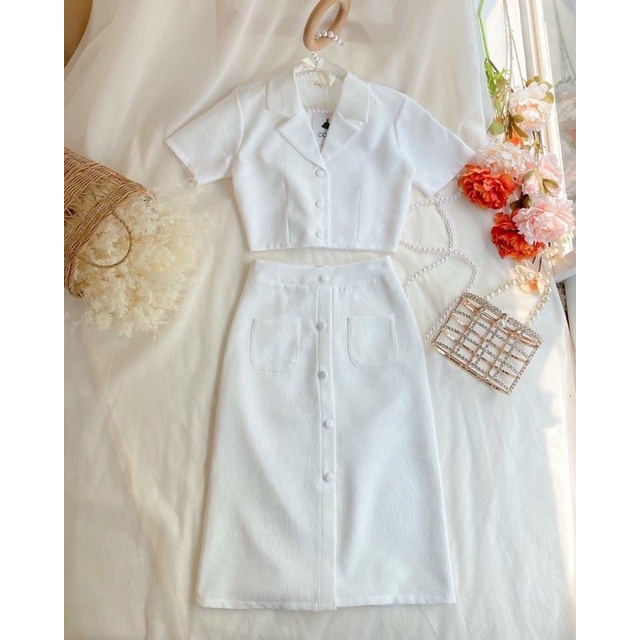 Set váy công sở trắng cổ vest
