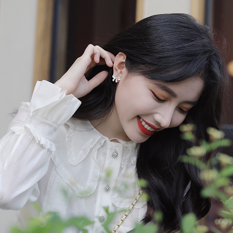 Khuyên tai nơ kim bạc đơn giản sang trọng thời trang 2021