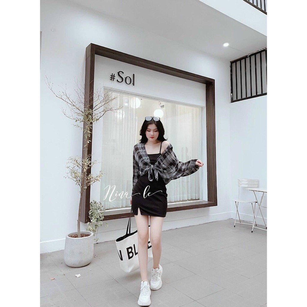 SET ĐẦM ÔM BODY HAI DÂY UMI KÈM ÁO KHOÁC VOAN CỰC GỢI CẢM QC