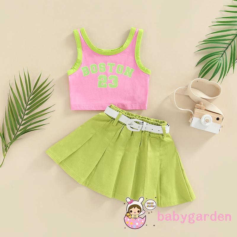 BABYGARDEN-1-6years Baby Girls Outfits, Letter Print Sleeveless Tank Tops + Solid Color Pleated Skirts + Waist Belt Summer Set