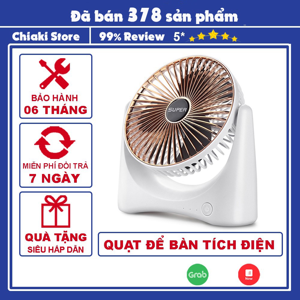 Quạt để bàn sạc pin tích điện 3 cấp độ thế hệ mới, Quạt mini để bàn xoay 120 độ kèm dây sạc USB an toàn tiện lợi