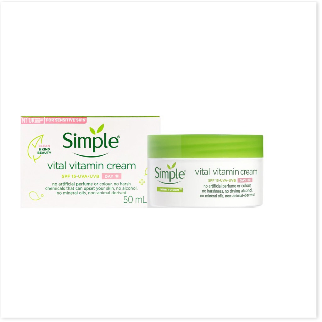 [Mã giảm giá mỹ phẩm UK chính hãng] Kem dưỡng ngày Simple Kind To Skin Vital Vitamin Day Cream SPF15 50ml (Bill Anh)