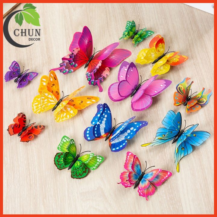 Bộ 12 decal dán tường hình bướm 3D cánh đơn, cánh kép đế nam châm trang trí cửa kính, tủ quàn áo, giỏ hoa, ảnh treo châm