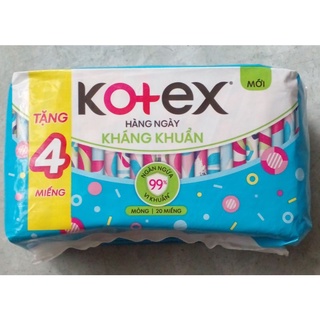 (Mẫu mới-tặng thêm 4miếng)Băng vệ sinh KOTEX Hàng Ngày Kháng Khuẩn mỏng 20 miếng/gói.