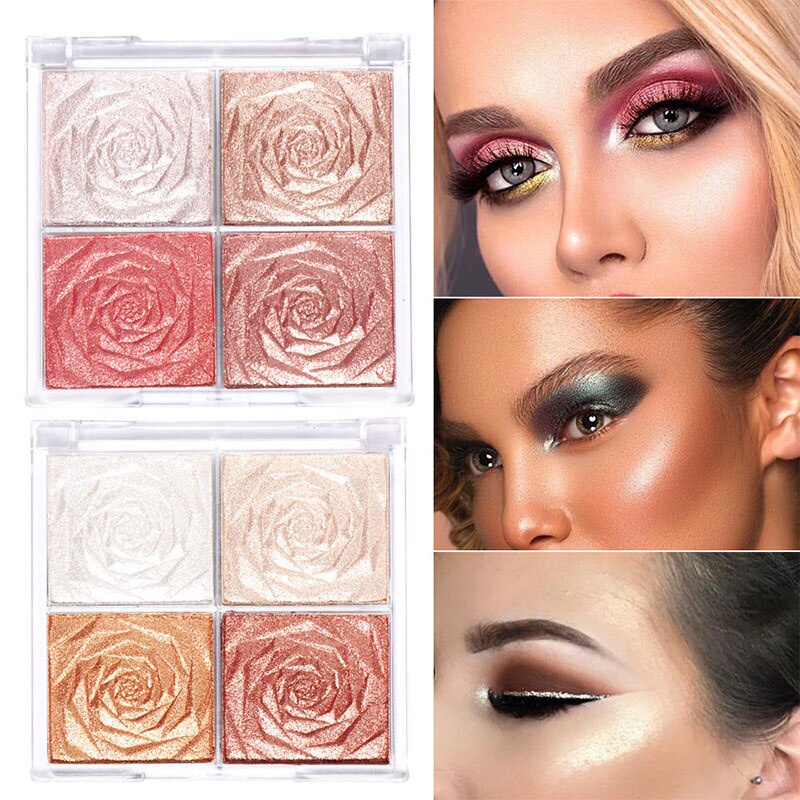 4 màu phấn má hồng Highlighter Makeup Palette Pink Eye Shadow Bronzer Shimmer Powder Contour Palette Mỹ phẩm Hàn Quốc