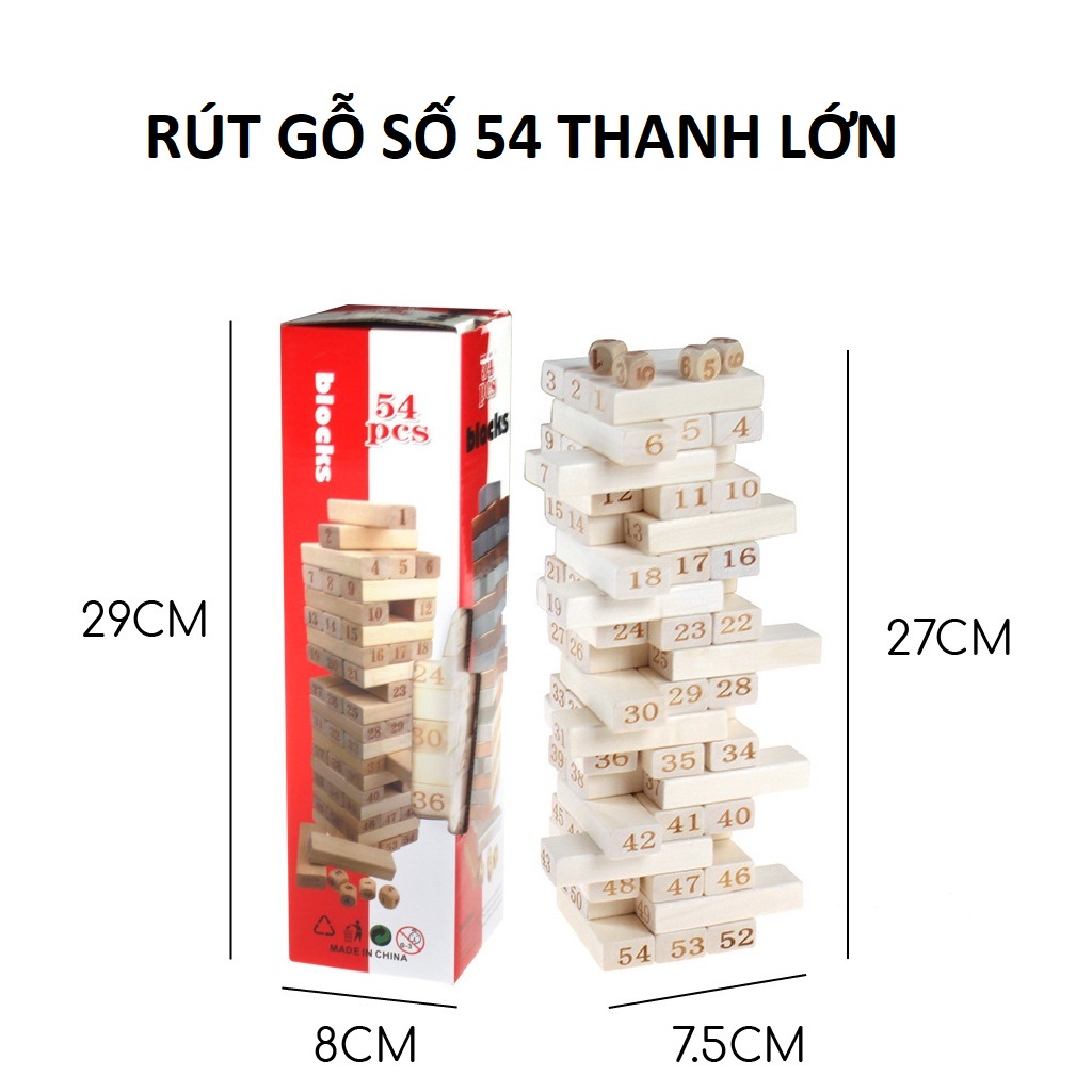 Rút gỗ màu và số loại to lớn 54 thanh, đồ chơi xếp gỗ cho bé tăng trí thông minh giảm stress, quà tặng sinh nhật