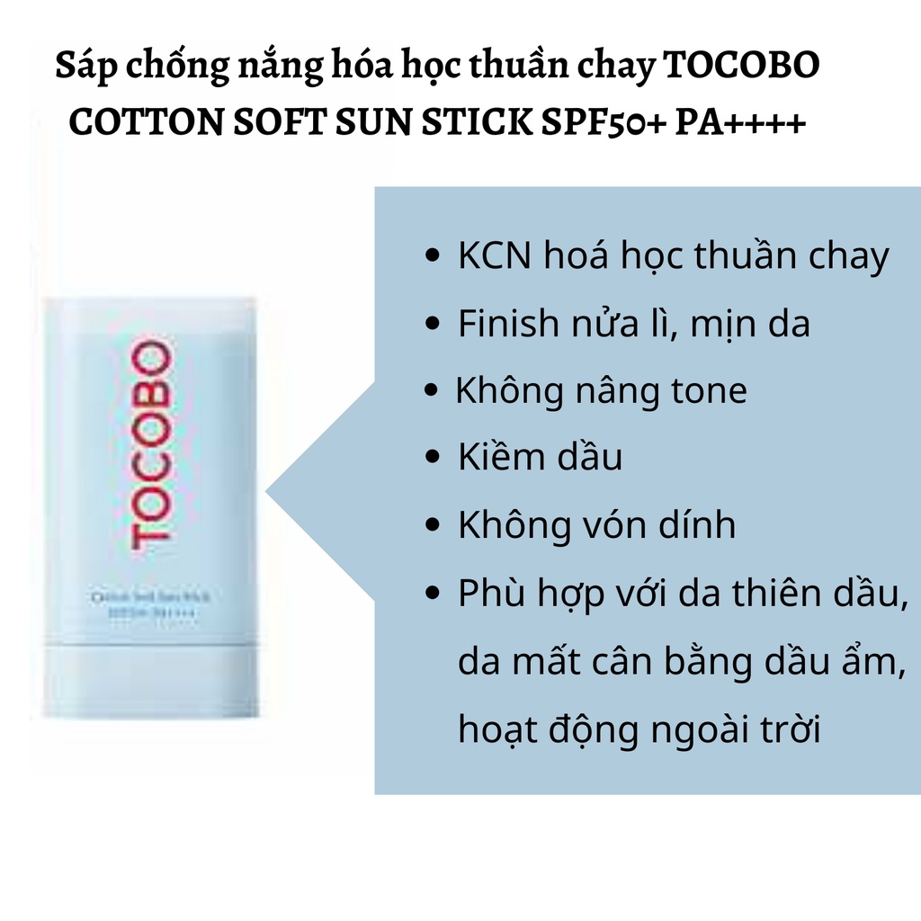 Kem chống nắng thuần chay cho da nhạy cảm TOCOBO dạng Cotton Soft Sun Stick và dạng Bio Watery