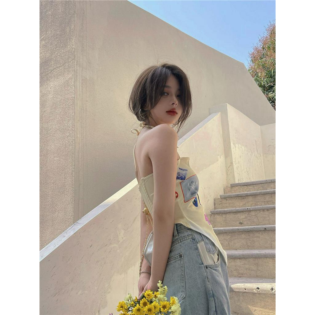 Áo dệt kim sát nách cổ yếm phong cách Hàn Quốc cho nữ