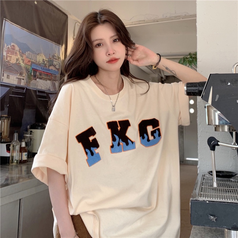 Áo Thun Tay Ngắn Dáng Rộng Thêu Chữ Thời Trang Đường Phố Cho Nữ