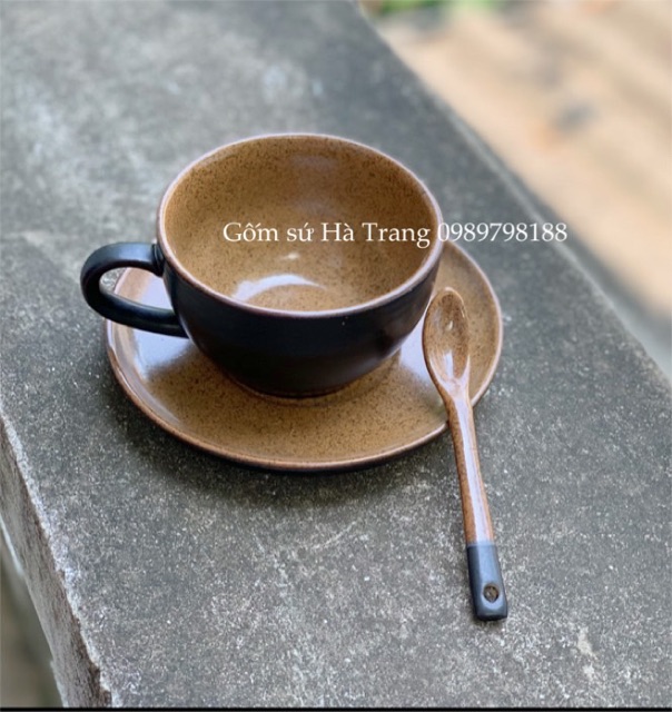 Set cốc đĩa capuchino gốm sứ Bát Tràng kèm thìa sứ như hình