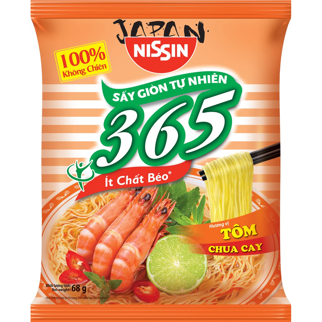 Thùng 30 Gói Mì Không Chiên 365 Tôm Chua Cay Thương Hiệu Nissin Nhật Bản 68g/gói | BigBuy360 - bigbuy360.vn
