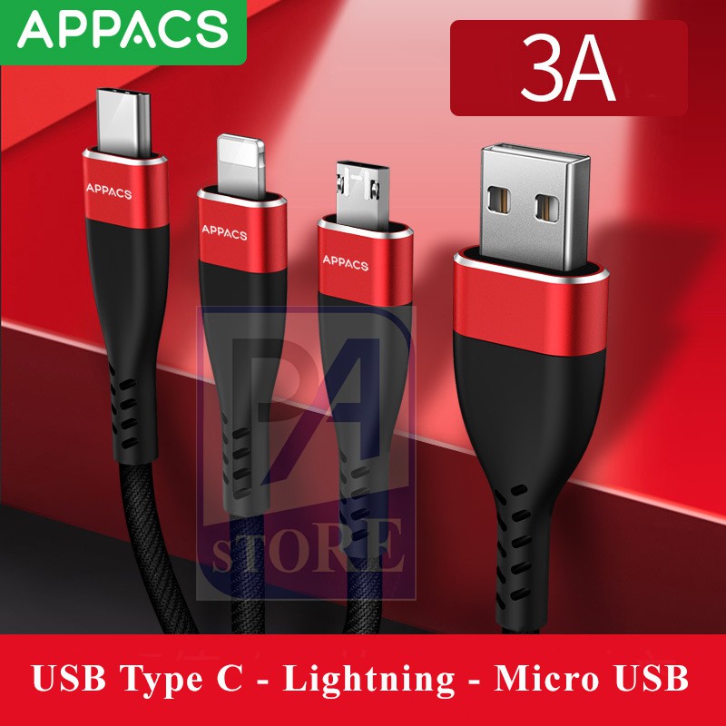 Cáp Sạc 3 Đầu Chính Hãng APPACS - Iphone Lightning, Micro USB, USB Type C