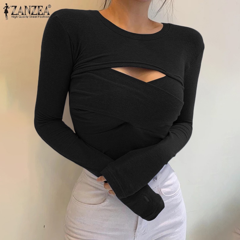 Áo ZANZEA dài tay dáng ôm màu trơn khoét lỗ phong cách Châu Âu thời trang cho nữ