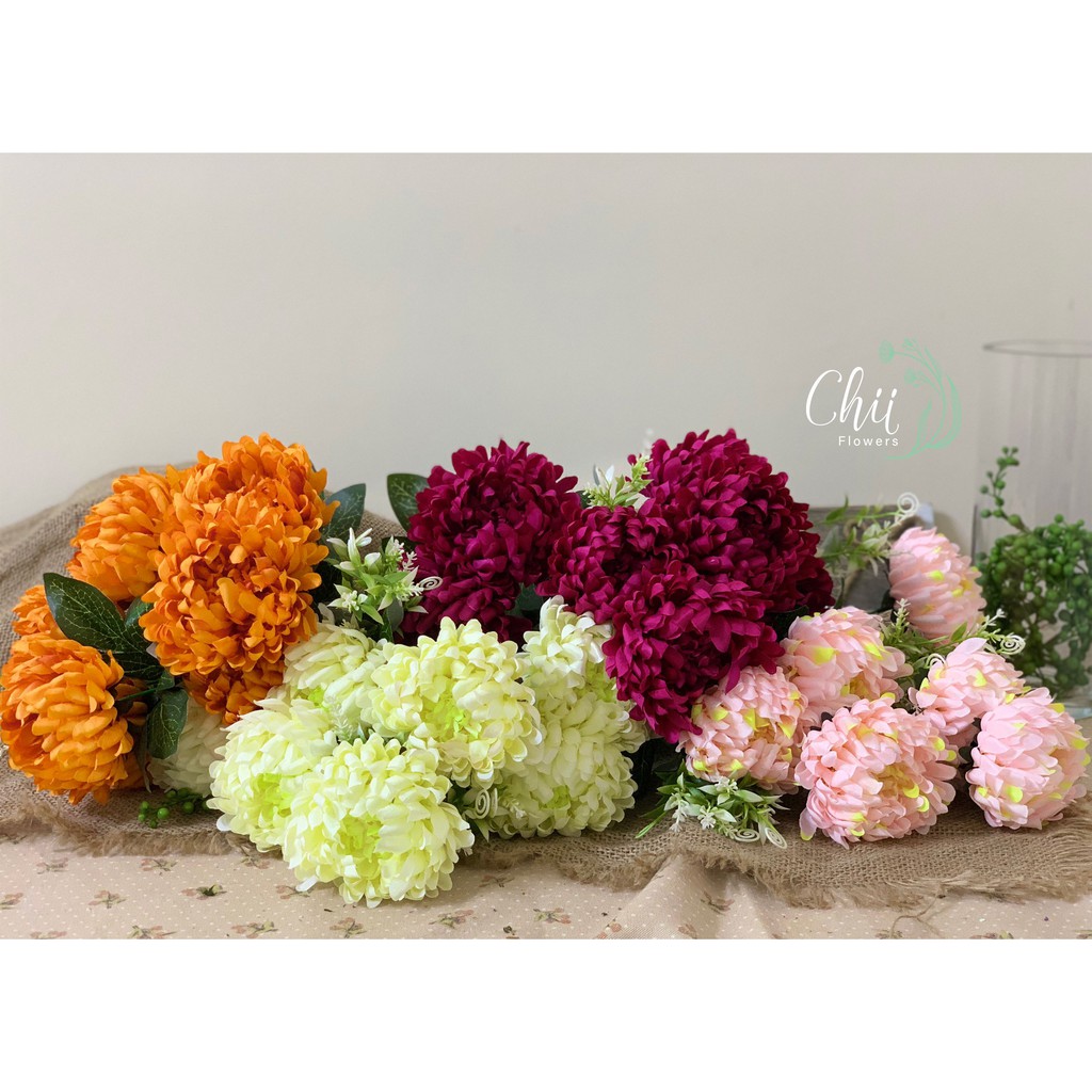 Hoa giả hoa lụa - Cụm cúc mẫu đơn 7 bông cành dài 45cm trang trí nội thất đẹp Hà Nội cao cấp nhập khẩu Chiiflower CH84